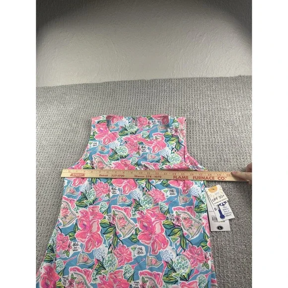 Lulu B Sleeveless Ruffle Trim Shift Dress Tropical Golf Hibiscus UPF50 Large NWT - Picture 7 of 10